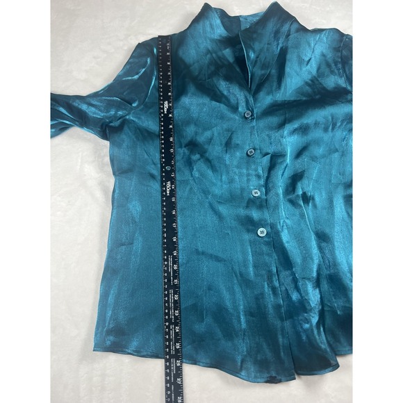 Joan Leslie Woman Blouse Womens 16W Blue Shiny Button Front Collared Evening Top - Picture 9 of 14